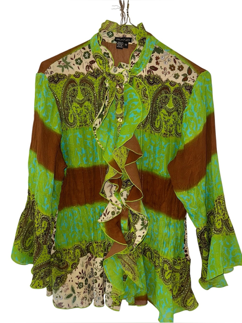 Vtg Piano Boho Ruffle Front High Neck Blouse Green & Brown Size Medium